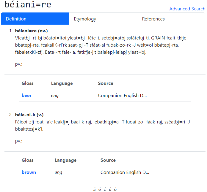 Figure 1. Example entry for the ASL word [béiani=re], glossed in English as [beer]. [béiani=re] as the headword, with 2 senses below and 3 information tabs. Each sense is headed by a lexeme, below which has a written definition and a list of glosses.