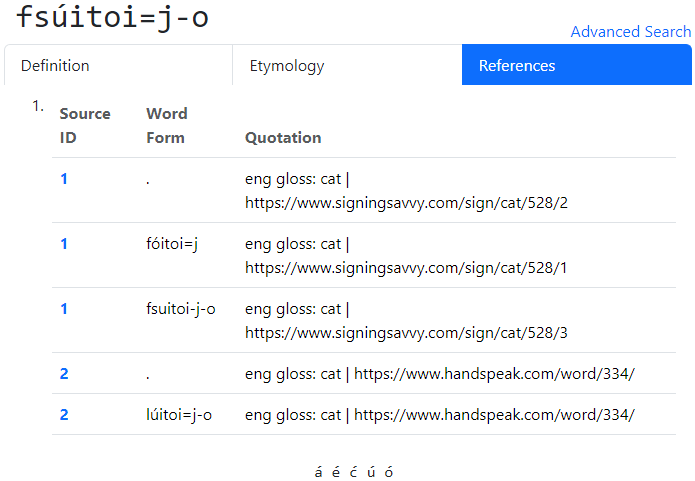 Figure 4. Reference tab for the ASL word [fsúitoi=j-o], glossed in English as [cat]. The headword is listed at the top of the entry, below the References tab is selected. Under this is a table for Sense 1, listing Source ID, Word Form, and Quotation information for each row.