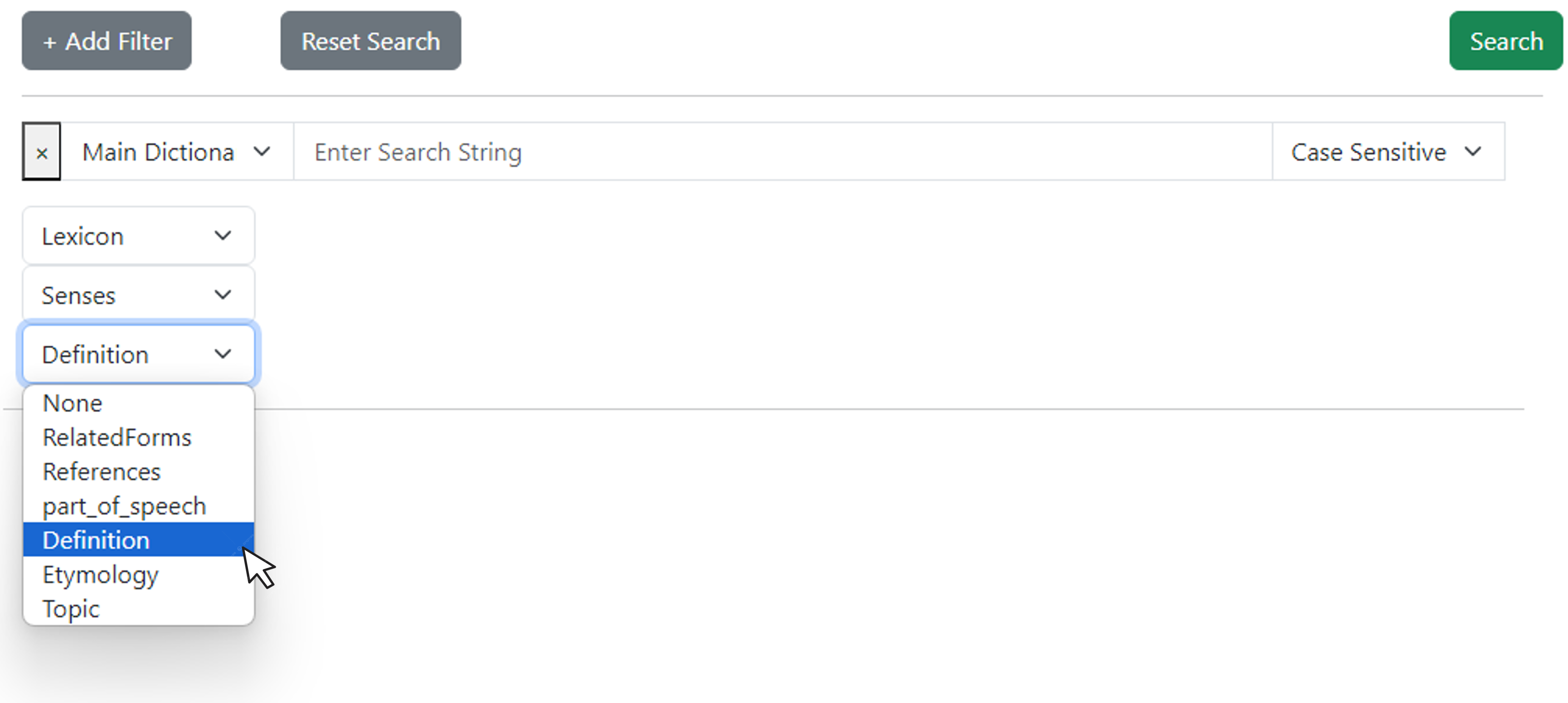 Figure 6. Attribute drop-down menus. The same image in Figure 5, but 'Main ASL Dictionary' is selected as the filter, below two attribute drop-down menus have been selected for Lexicon and Senses and the cursor is shown selecting a third attribute from a drop-down menu.