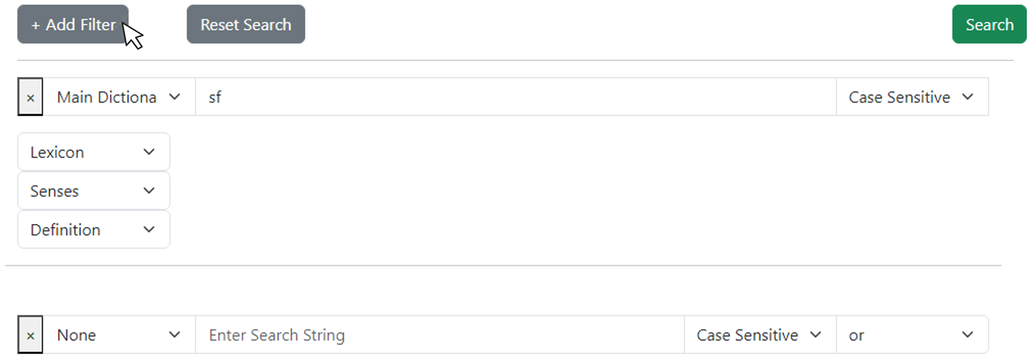 Figure 9. + Add Filter button. This figure is similar to Figure 7, but the string typed in the search box is [sf] and the cursor is shown selecting the '+ Add Filter' button.